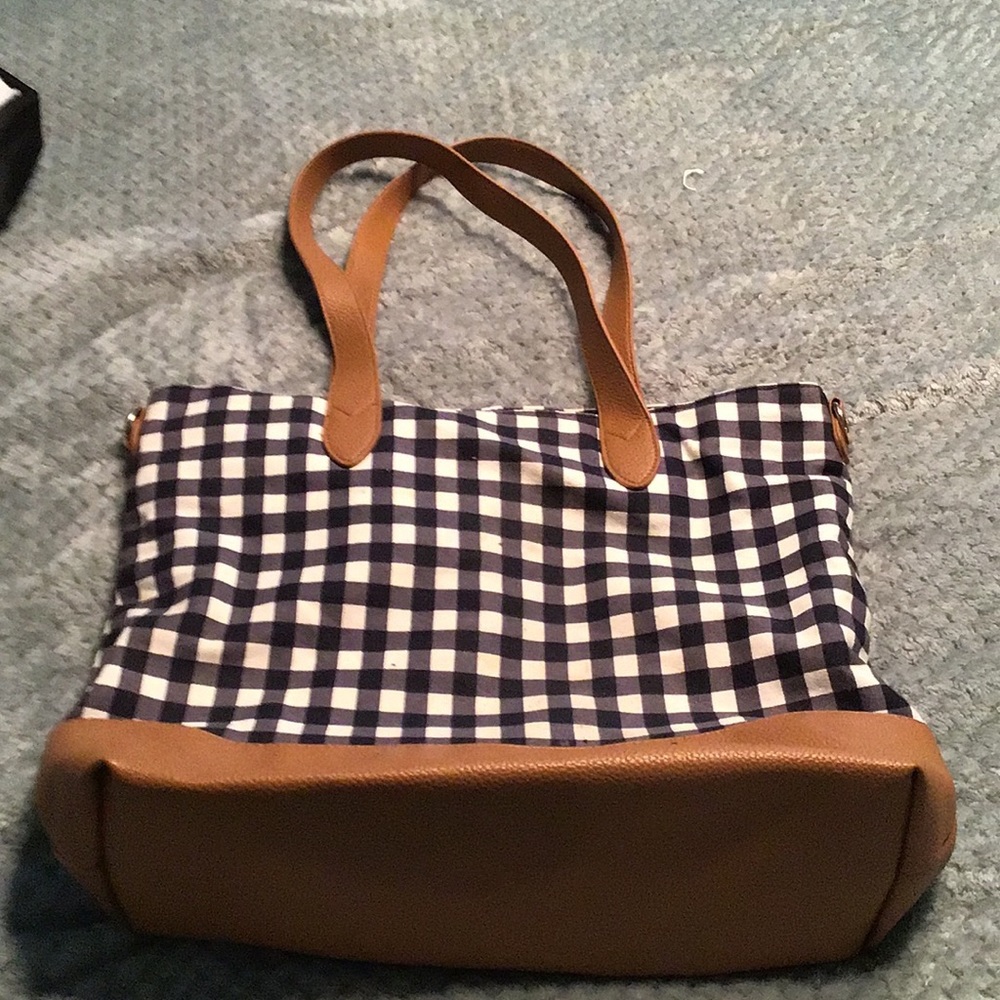Navy blue and white and tan
